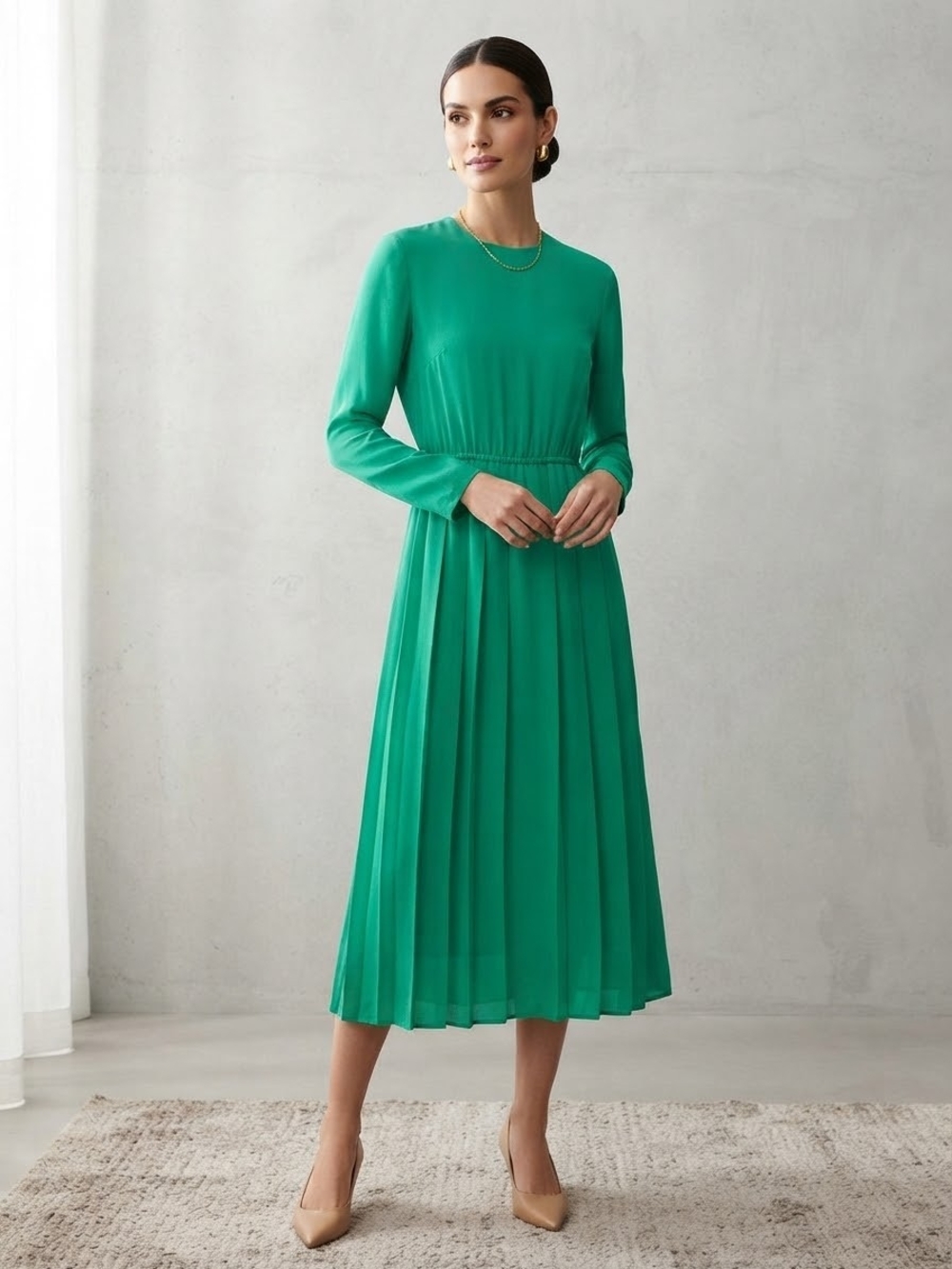 Vintage Dovani Green Pleated Midi Dress - Long Sleeve